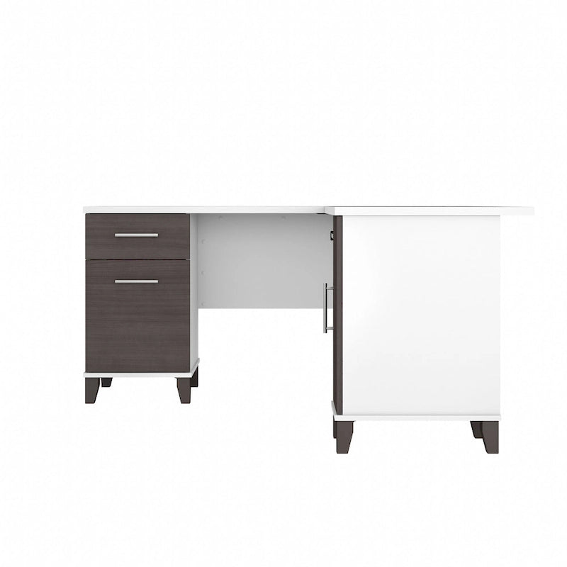 Bureau en L avec tiroirs et rangement, coloris gris cendré / gris tempête / blanc / noyer / chêne