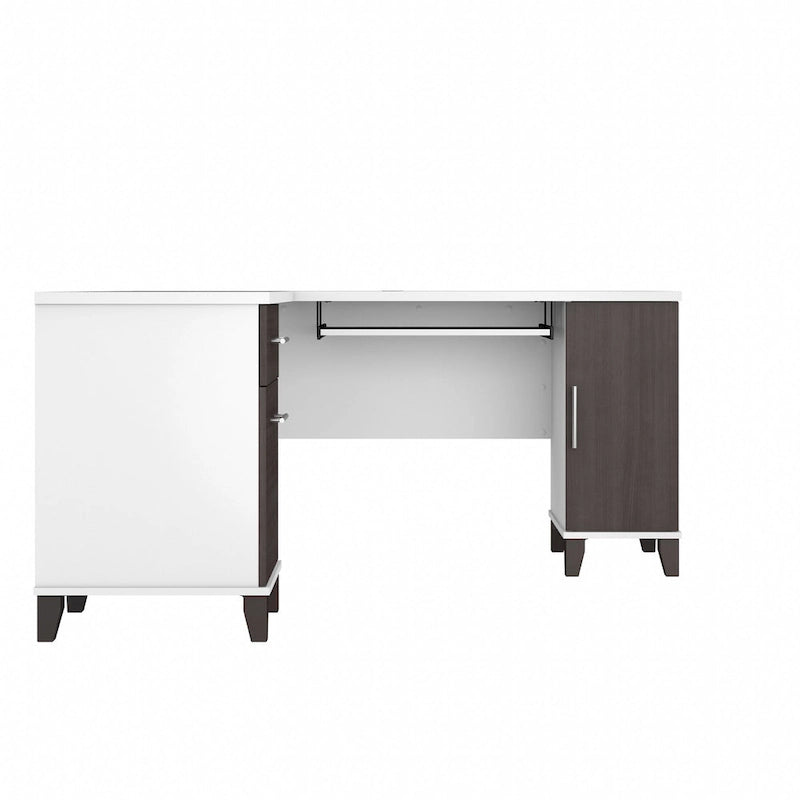 Bureau en L avec tiroirs et rangement, coloris gris cendré / gris tempête / blanc / noyer / chêne