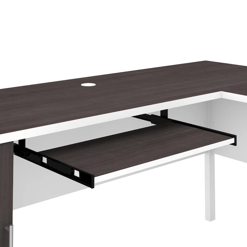 Bureau en L avec tiroirs et rangement, coloris gris cendré / gris tempête / blanc / noyer / chêne