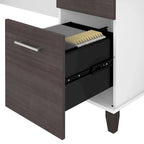Bureau en L avec tiroirs et rangement, coloris gris cendré / gris tempête / blanc / noyer / chêne