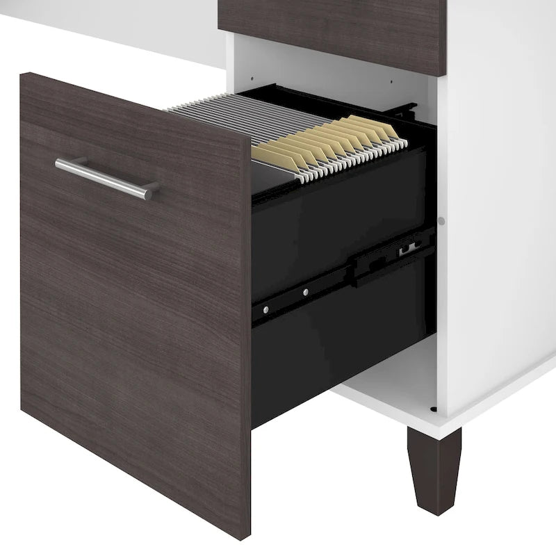 Bureau en L avec tiroirs et rangement, coloris gris cendré / gris tempête / blanc / noyer / chêne