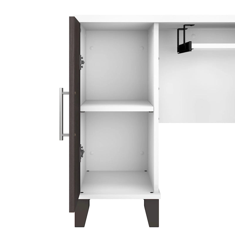 Bureau en L avec tiroirs et rangement, coloris gris cendré / gris tempête / blanc / noyer / chêne