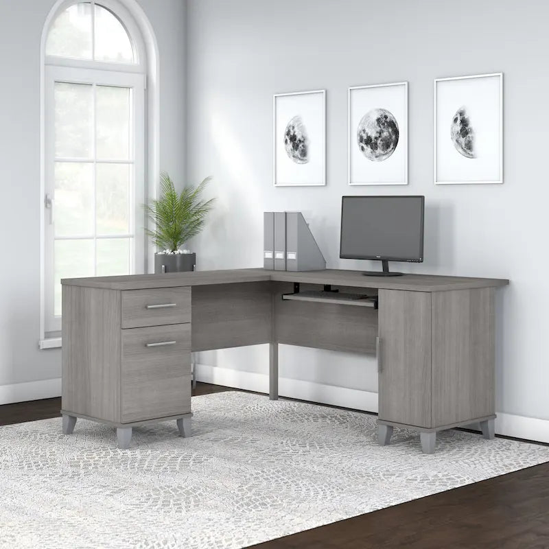 Bureau en L avec tiroirs et rangement, coloris gris cendré / gris tempête / blanc / noyer / chêne
