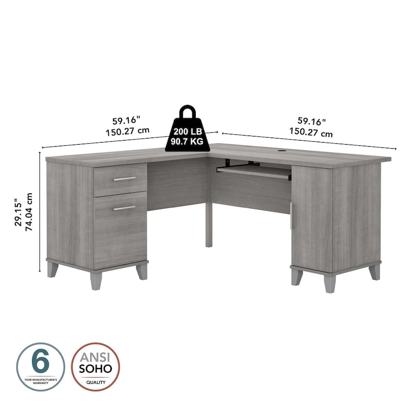 Bureau en L avec tiroirs et rangement, coloris gris cendré / gris tempête / blanc / noyer / chêne