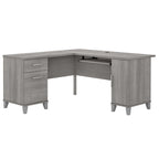 Bureau en L avec tiroirs et rangement, coloris gris cendré / gris tempête / blanc / noyer / chêne