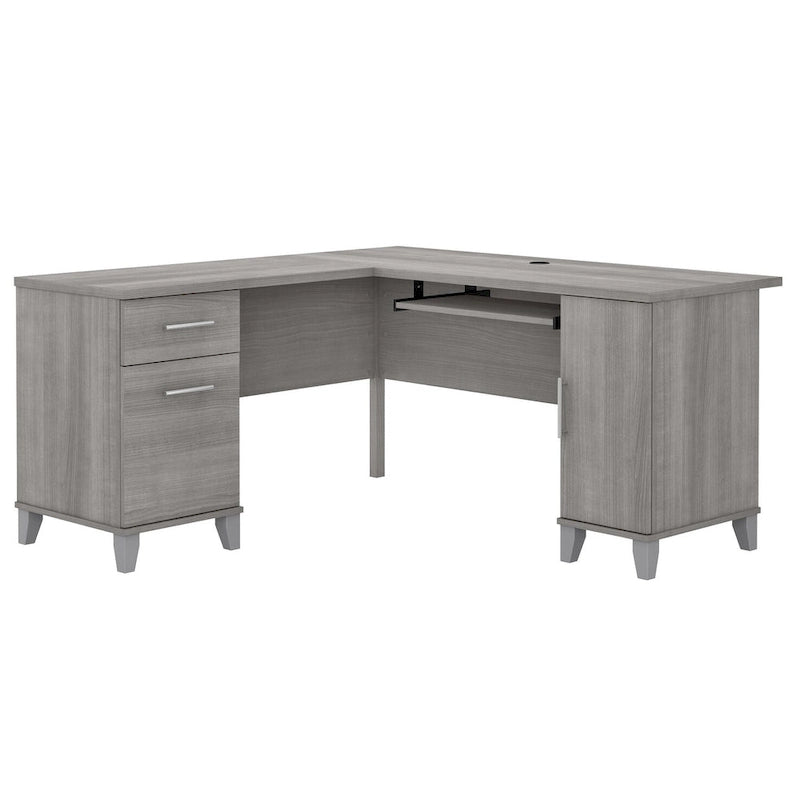 Bureau en L avec tiroirs et rangement, coloris gris cendré / gris tempête / blanc / noyer / chêne