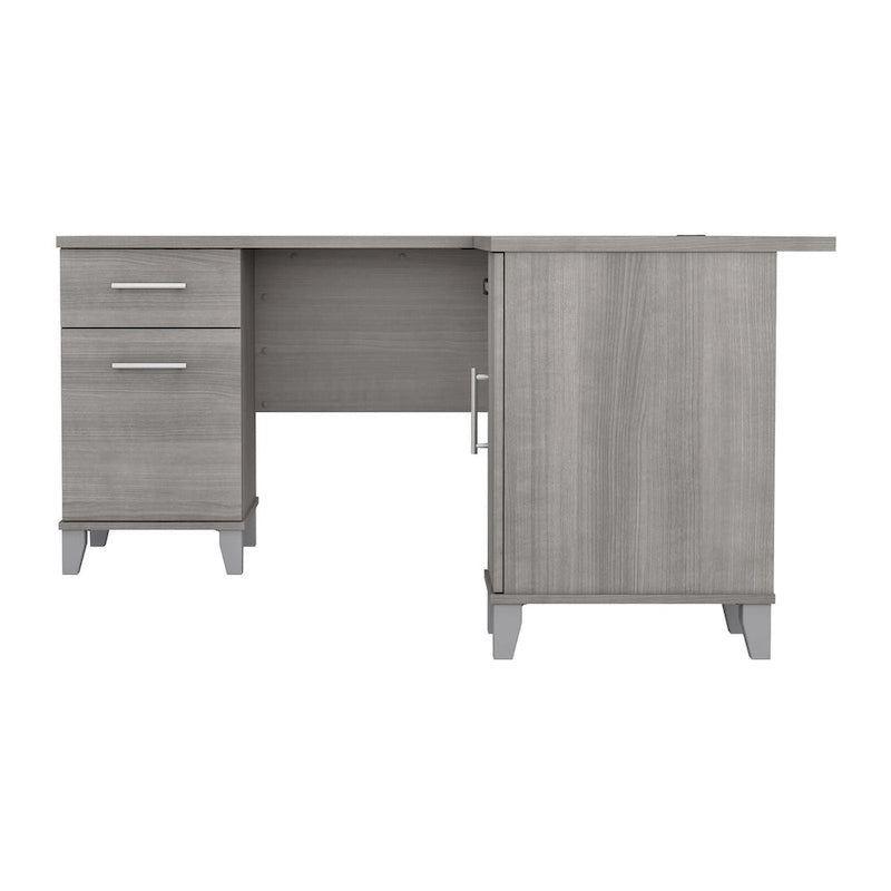 Bureau en L avec tiroirs et rangement, coloris gris cendré / gris tempête / blanc / noyer / chêne