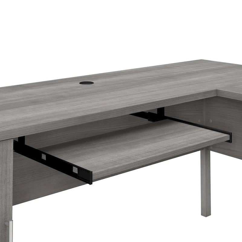 Bureau en L avec tiroirs et rangement, coloris gris cendré / gris tempête / blanc / noyer / chêne