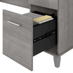 Bureau en L avec tiroirs et rangement, coloris gris cendré / gris tempête / blanc / noyer / chêne