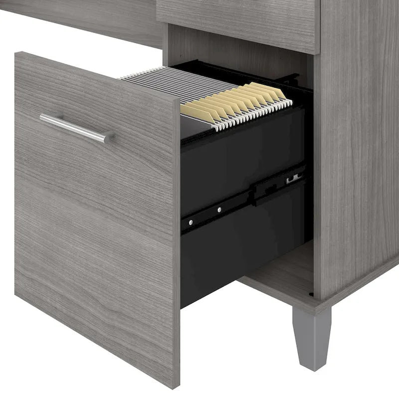 Bureau en L avec tiroirs et rangement, coloris gris cendré / gris tempête / blanc / noyer / chêne