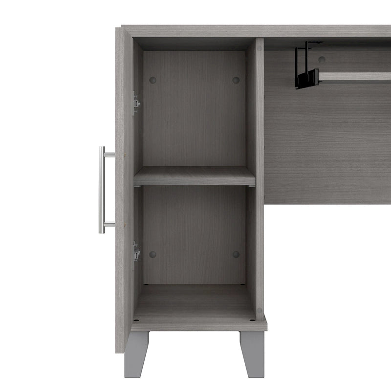 Bureau en L avec tiroirs et rangement, coloris gris cendré / gris tempête / blanc / noyer / chêne