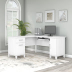 Bureau en L avec tiroirs et rangement, coloris gris cendré / gris tempête / blanc / noyer / chêne