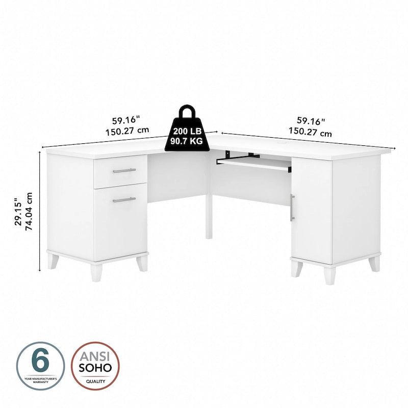 Bureau en L avec tiroirs et rangement, coloris gris cendré / gris tempête / blanc / noyer / chêne
