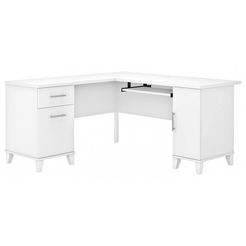 Bureau en L avec tiroirs et rangement, coloris gris cendré / gris tempête / blanc / noyer / chêne