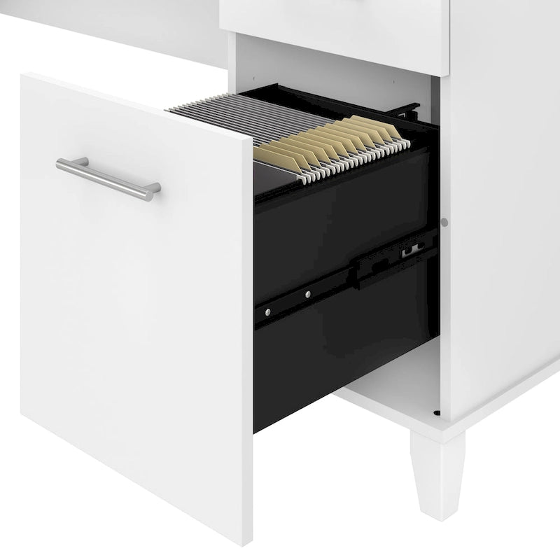 Bureau en L avec tiroirs et rangement, coloris gris cendré / gris tempête / blanc / noyer / chêne