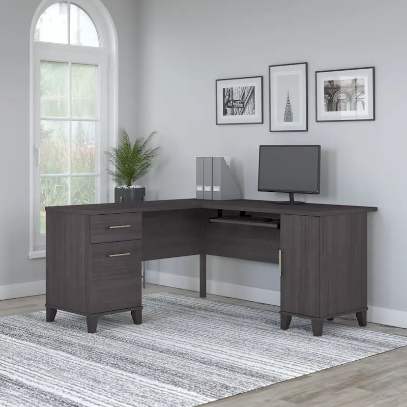 Bureau en L avec tiroirs et rangement, coloris gris cendré / gris tempête / blanc / noyer / chêne