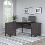 Bureau en L avec tiroirs et rangement, coloris gris cendré / gris tempête / blanc / noyer / chêne