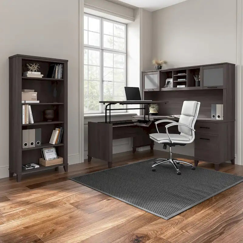 Bureau en L avec tiroirs et rangement, coloris gris cendré / gris tempête / blanc / noyer / chêne