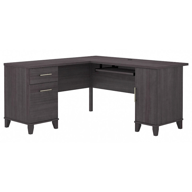 Bureau en L avec tiroirs et rangement, coloris gris cendré / gris tempête / blanc / noyer / chêne