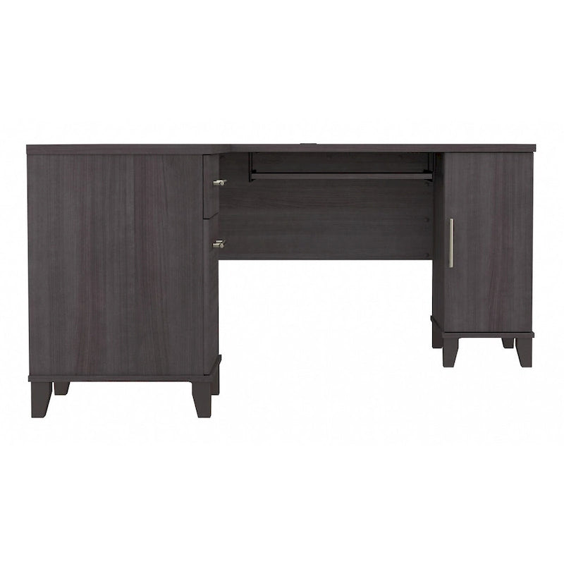 Bureau en L avec tiroirs et rangement, coloris gris cendré / gris tempête / blanc / noyer / chêne