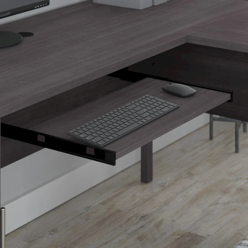 Bureau en L avec tiroirs et rangement, coloris gris cendré / gris tempête / blanc / noyer / chêne