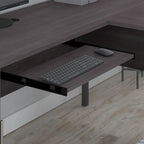 Bureau en L avec tiroirs et rangement, coloris gris cendré / gris tempête / blanc / noyer / chêne