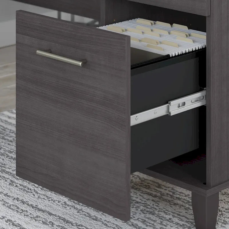 Bureau en L avec tiroirs et rangement, coloris gris cendré / gris tempête / blanc / noyer / chêne