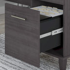 Bureau en L avec tiroirs et rangement, coloris gris cendré / gris tempête / blanc / noyer / chêne