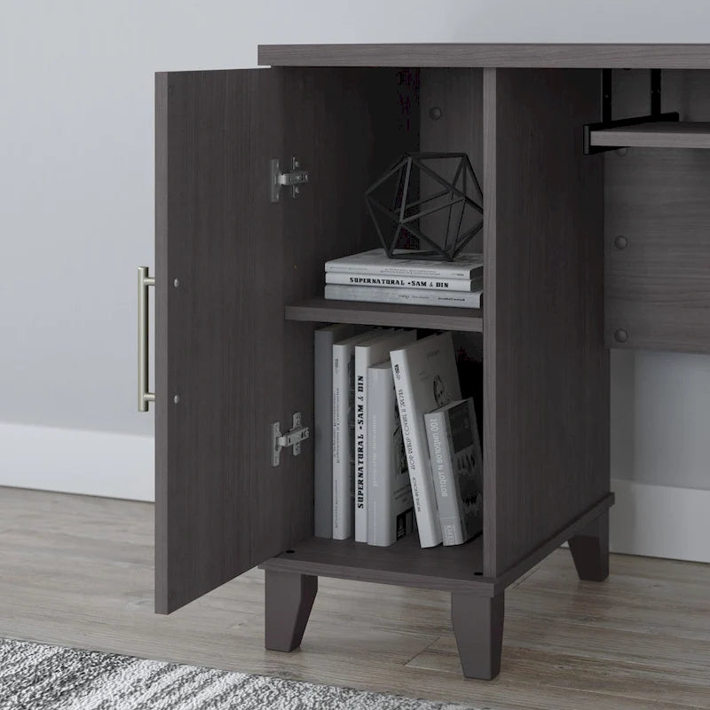 Bureau en L avec tiroirs et rangement, coloris gris cendré / gris tempête / blanc / noyer / chêne