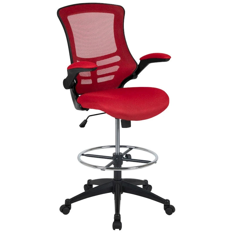 Chaise de dessinateur à dossier mi-haut en maille noire et cadre noir avec accoudoirs rabattables, 1 personne