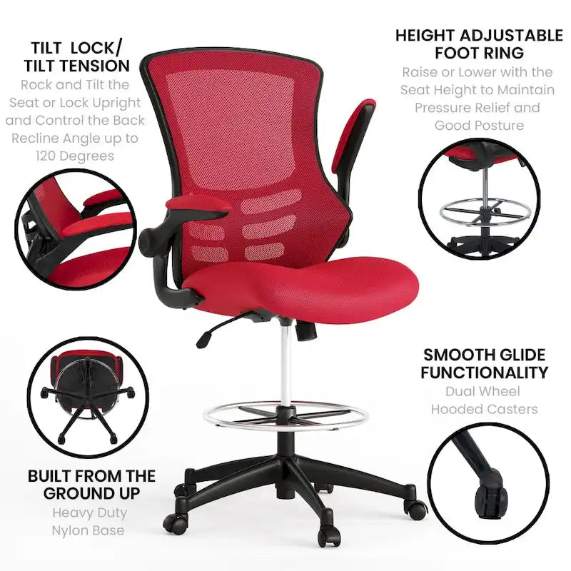 Chaise de dessinateur à dossier mi-haut en maille noire et cadre noir avec accoudoirs rabattables, 1 personne