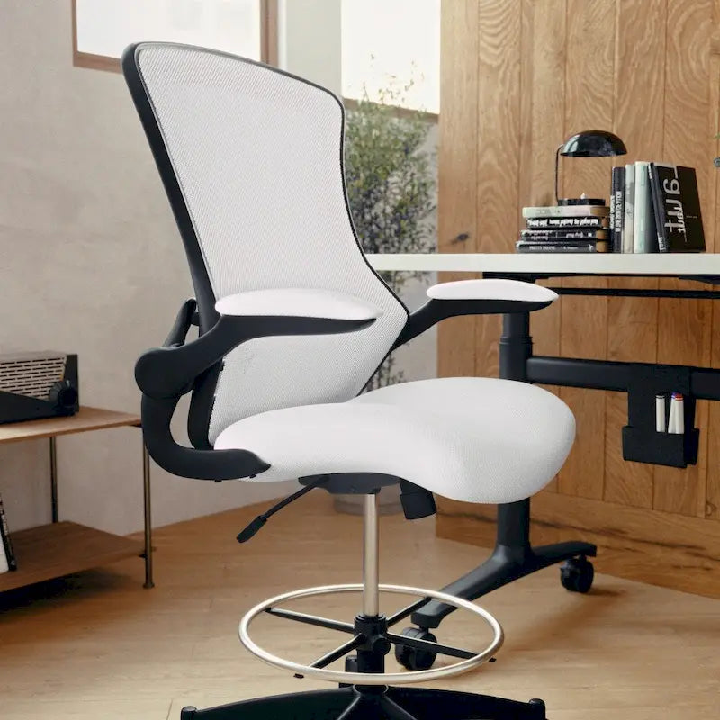 Chaise de dessinateur à dossier mi-haut en maille noire et cadre noir avec accoudoirs rabattables, 1 personne