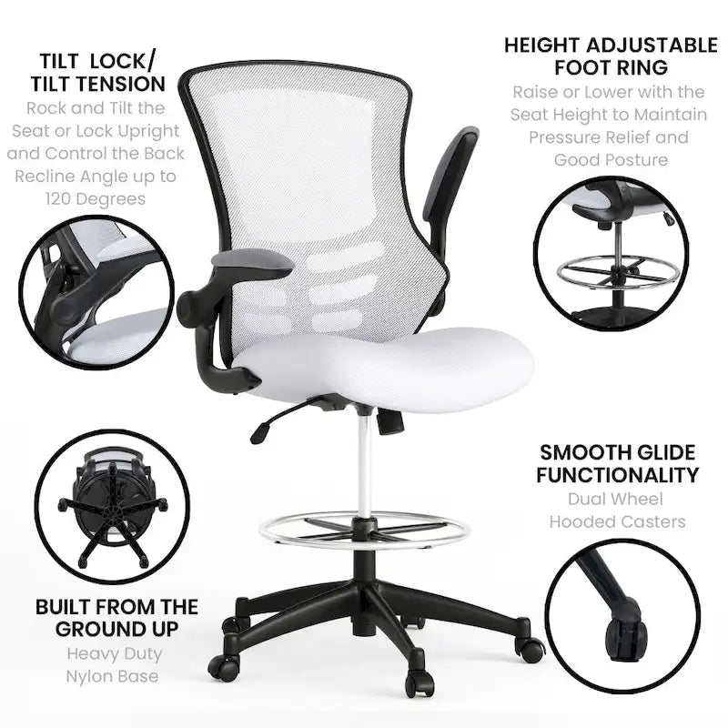 Chaise de dessinateur à dossier mi-haut en maille noire et cadre noir avec accoudoirs rabattables, 1 personne