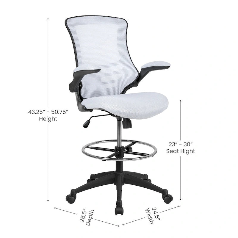 Chaise de dessinateur à dossier mi-haut en maille noire et cadre noir avec accoudoirs rabattables, 1 personne