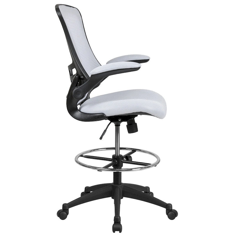 Chaise de dessinateur à dossier mi-haut en maille noire et cadre noir avec accoudoirs rabattables, 1 personne