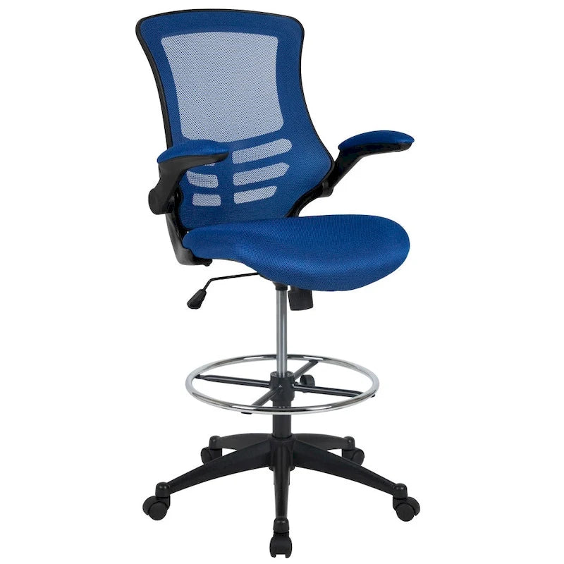 Chaise de dessinateur à dossier mi-haut en maille noire et cadre noir avec accoudoirs rabattables, 1 personne