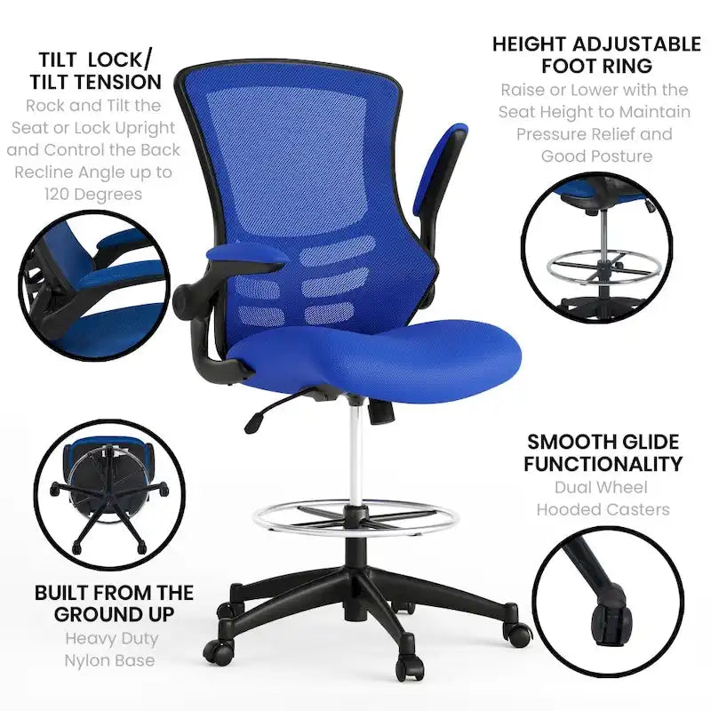 Chaise de dessinateur à dossier mi-haut en maille noire et cadre noir avec accoudoirs rabattables, 1 personne