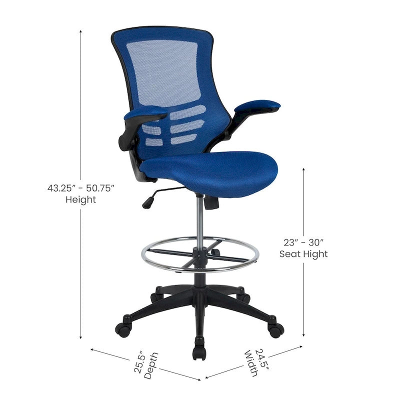 Chaise de dessinateur à dossier mi-haut en maille noire et cadre noir avec accoudoirs rabattables, 1 personne