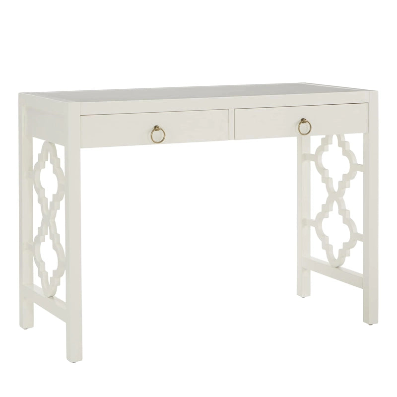 Bureau 2 tiroirs motif quadrilobe, blanc / expresso / gris, simple