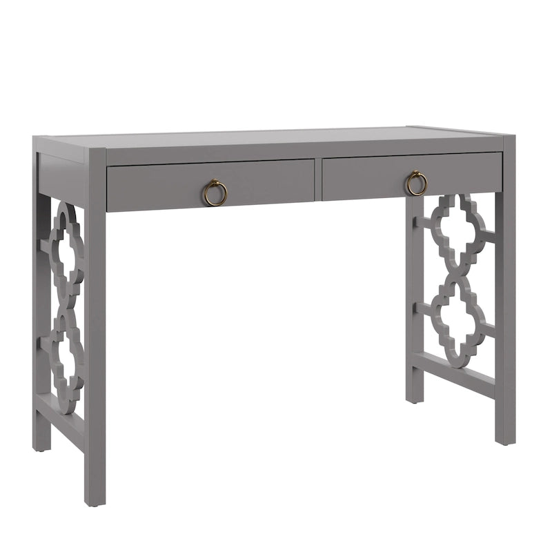 Bureau 2 tiroirs motif quadrilobe, blanc / expresso / gris, simple