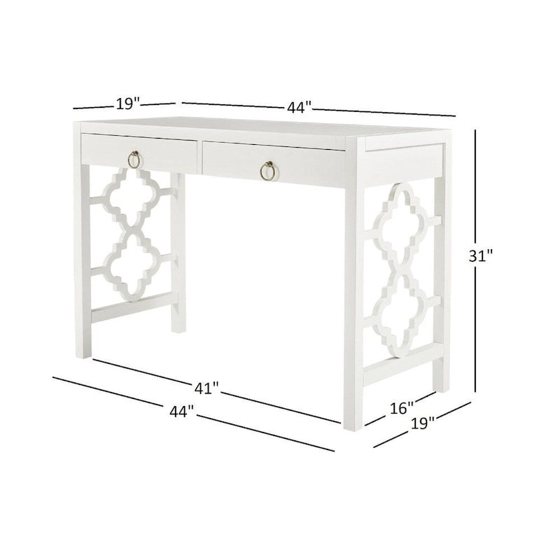 Bureau 2 tiroirs motif quadrilobe, blanc / expresso / gris, simple