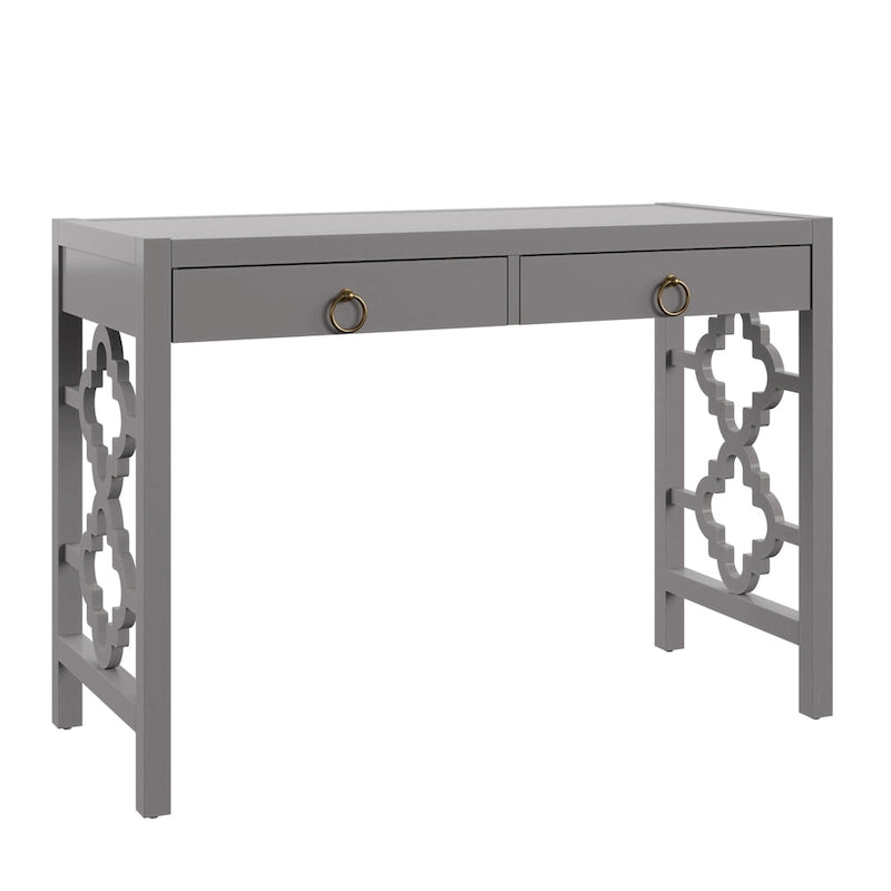 Bureau 2 tiroirs motif quadrilobe, blanc / expresso / gris, simple