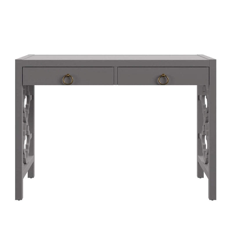 Bureau 2 tiroirs motif quadrilobe, blanc / expresso / gris, simple