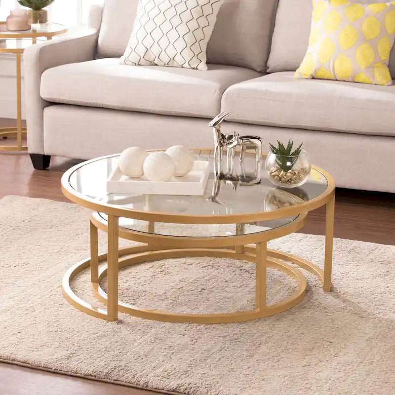 Table basse gigogne ronde à plateau en verre et piètement doré, lot de 2