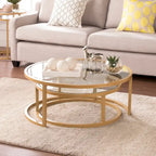 Table basse gigogne ronde à plateau en verre et piètement doré, lot de 2