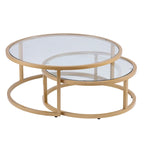 Table basse gigogne ronde à plateau en verre et piètement doré, lot de 2