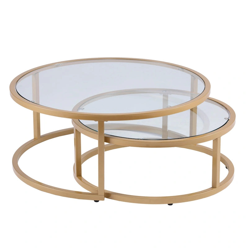 Table basse gigogne ronde à plateau en verre et piètement doré, lot de 2