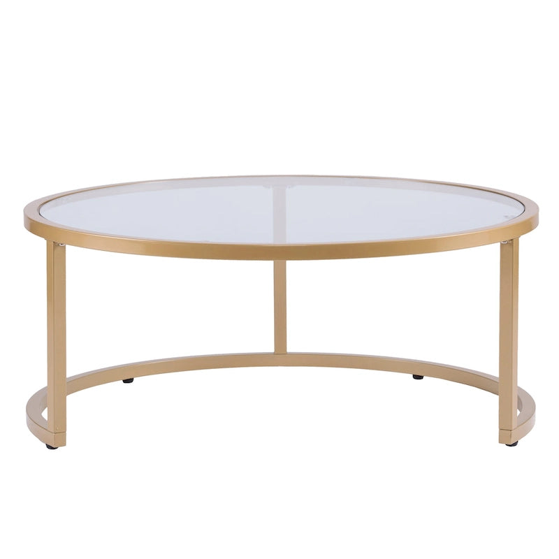Table basse gigogne ronde à plateau en verre et piètement doré, lot de 2