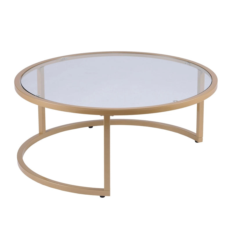 Table basse gigogne ronde à plateau en verre et piètement doré, lot de 2