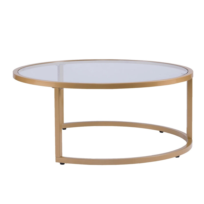 Table basse gigogne ronde à plateau en verre et piètement doré, lot de 2